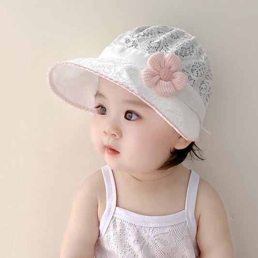 Baby lace white sun hat with pink flower