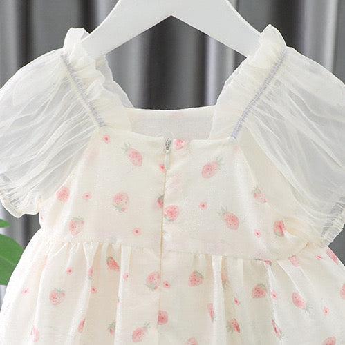 Girls cotton dress with tulle sleeves + strawberry bag