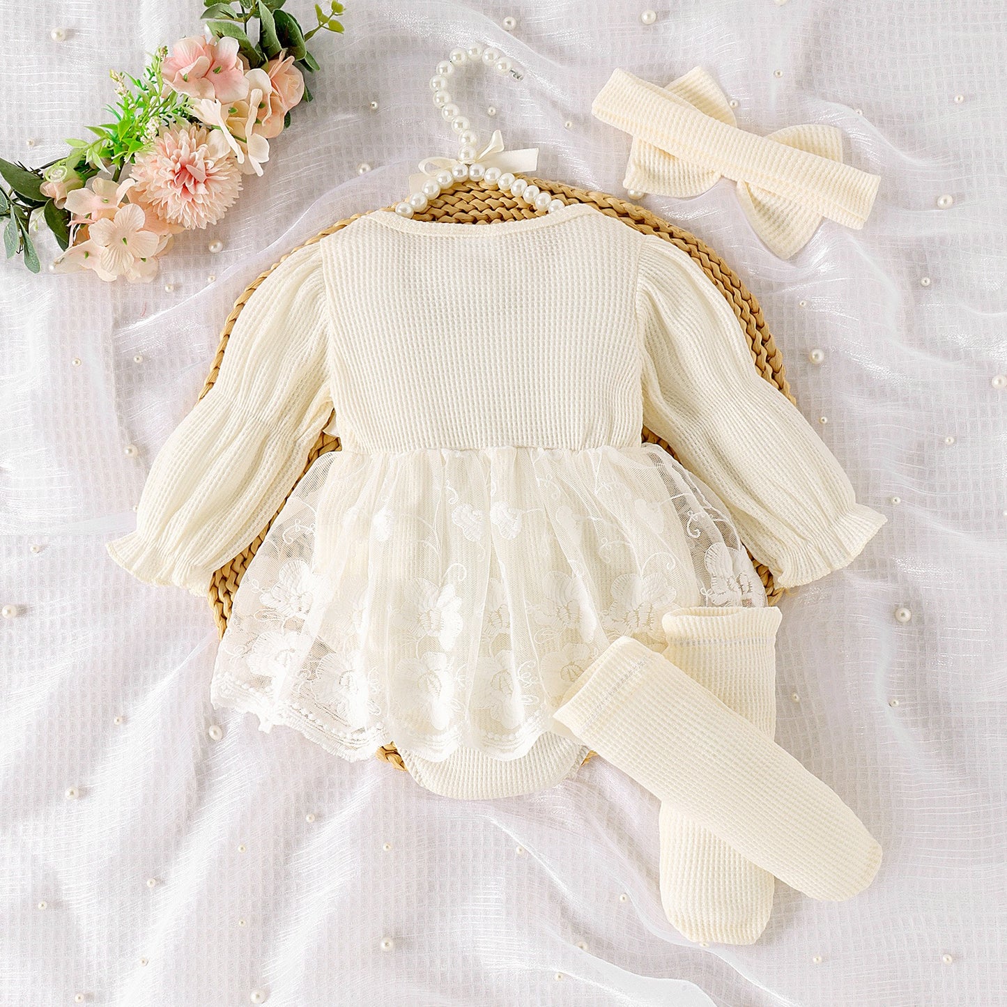 Set of 3 pcs Baby Long Sleeve romper dress + socks + headband