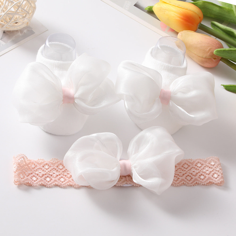 2 piece set Baby socks with satin bow knot and headband 2 color