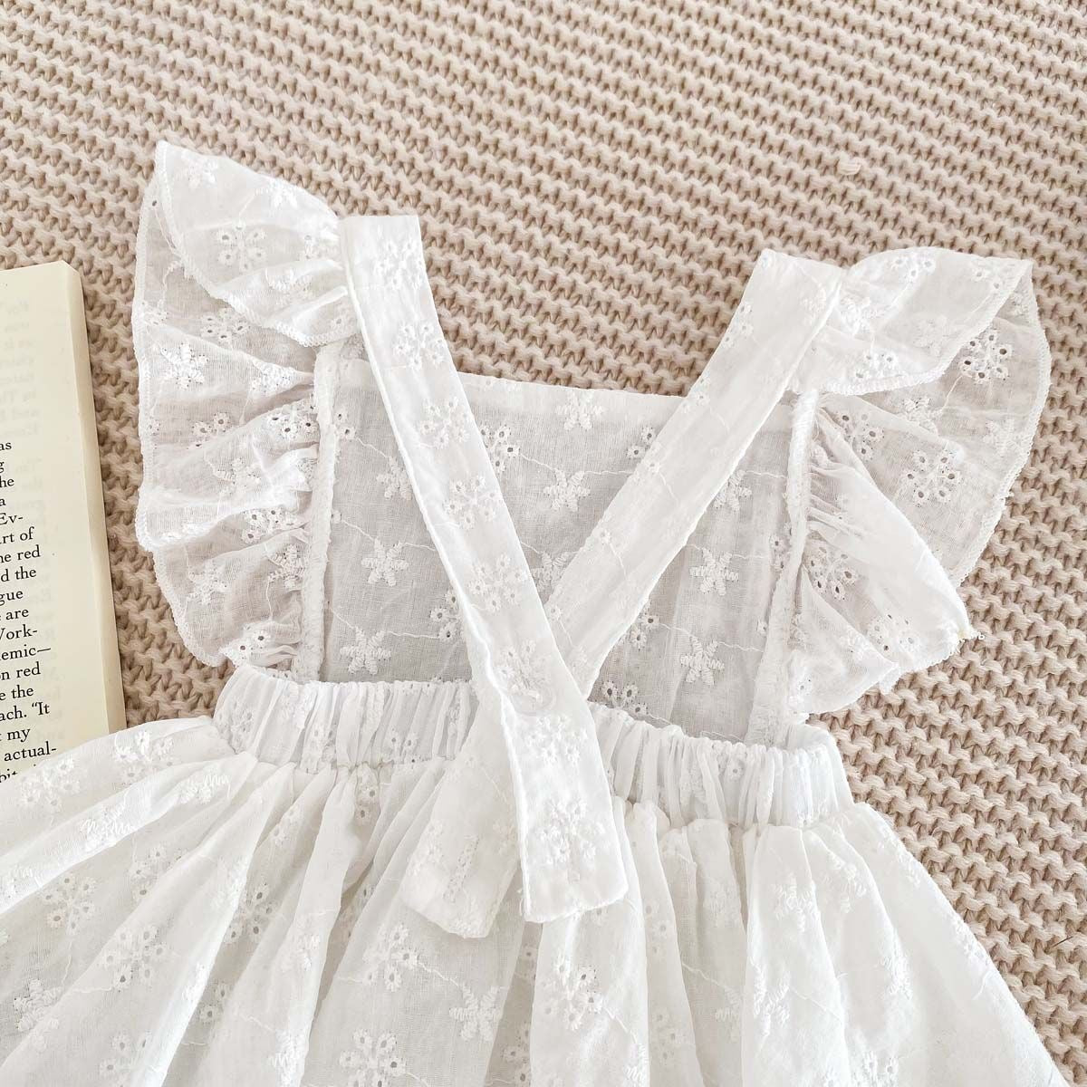 Simple 100% cotton backless romper dress + headband with bow white