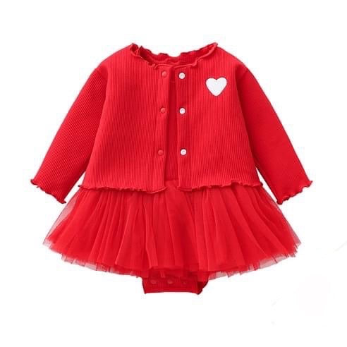 2 piece set 100% cotton knitted long sleeve  baby embroidered heart cardigan+tulle dress 3 colors