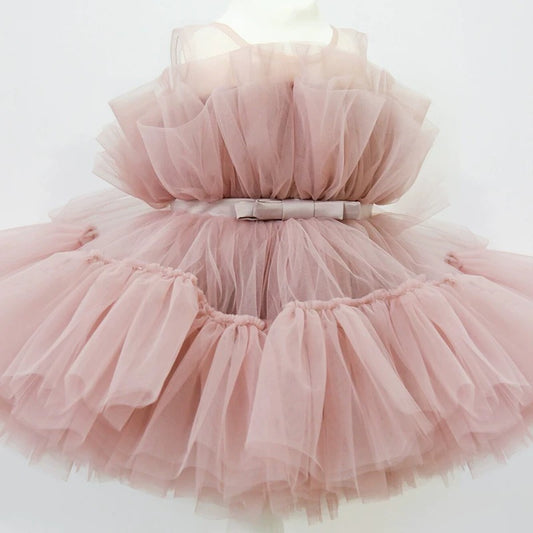 Princess tulle dress bow at waist old rose color