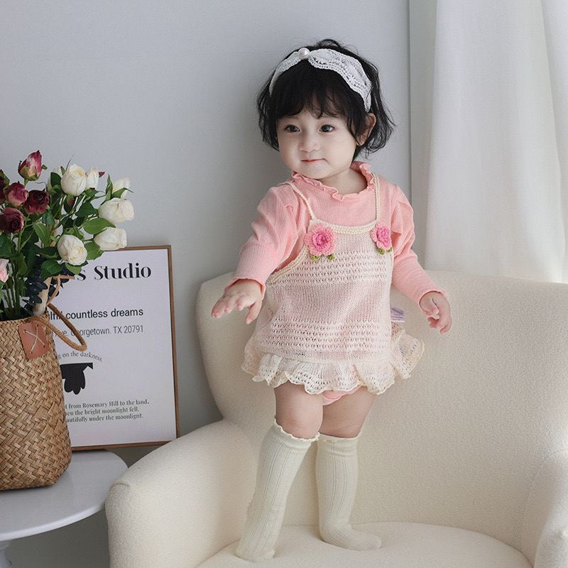 2pcs set long sleeve cotton romper + knitted dress with 2 flowers