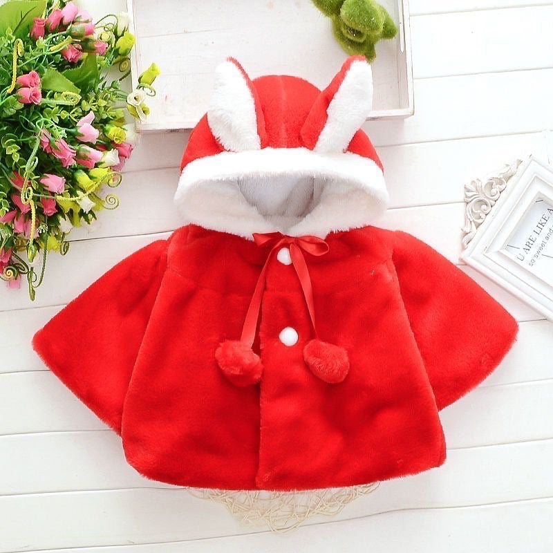 Baby fur long sleeve cape jacket hooded rabbit ears 3 color