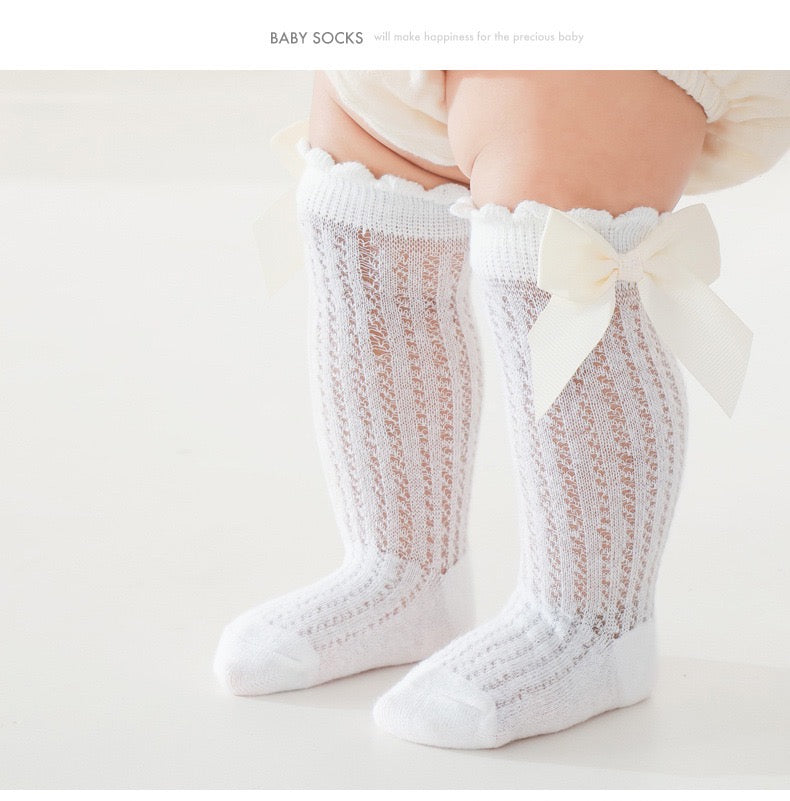 Bow knot Mesh Knitted Socks, Cotton Blend Comfy Breathable Soft Crew Socks