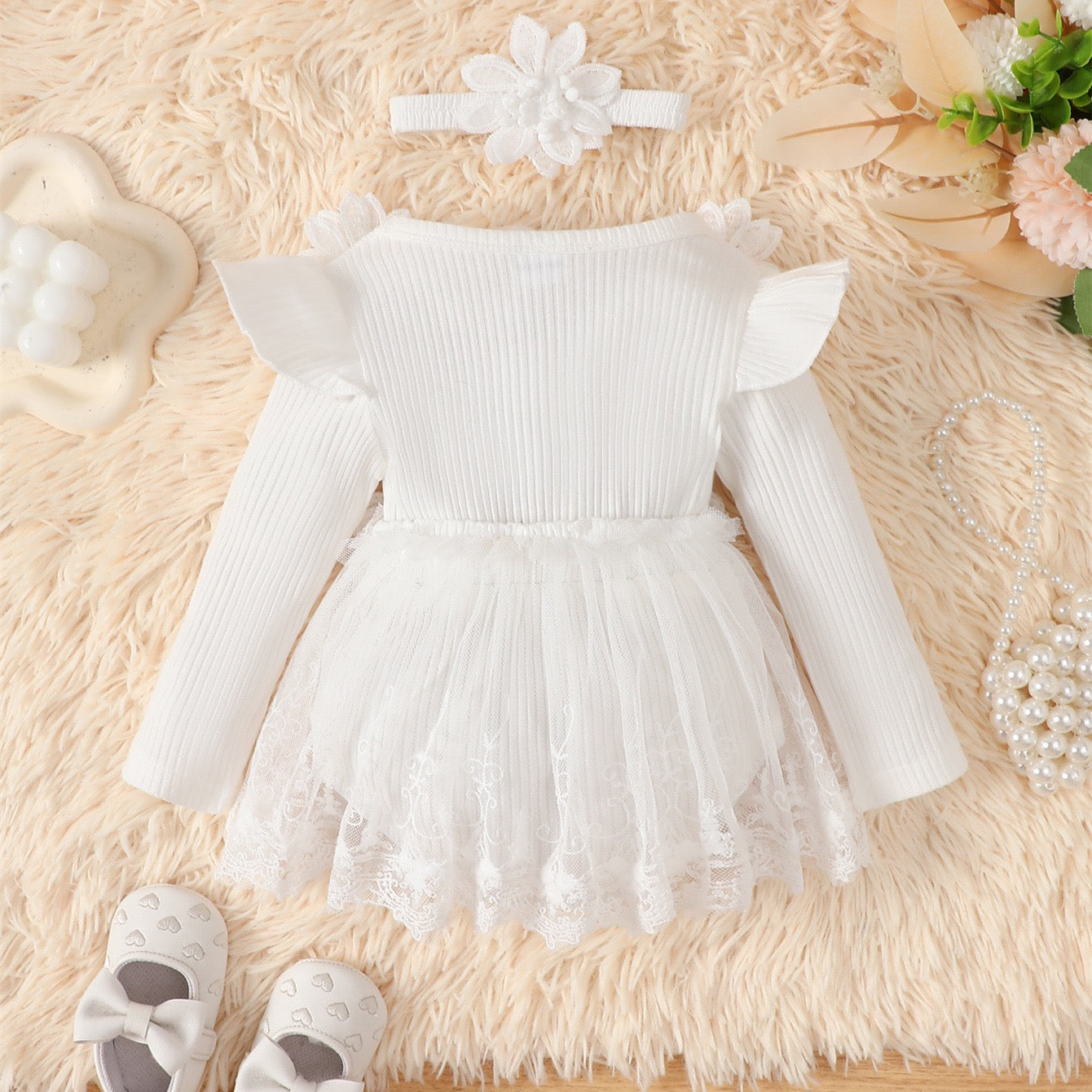long sleeve romper dress with flowers + headband 2 color