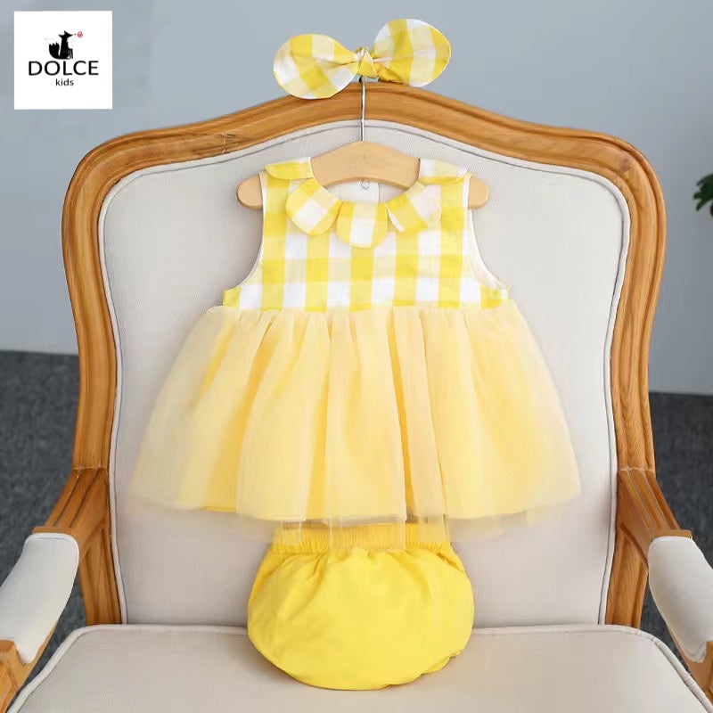 3 pieces Baby 100% cotton dress + short pants+headband