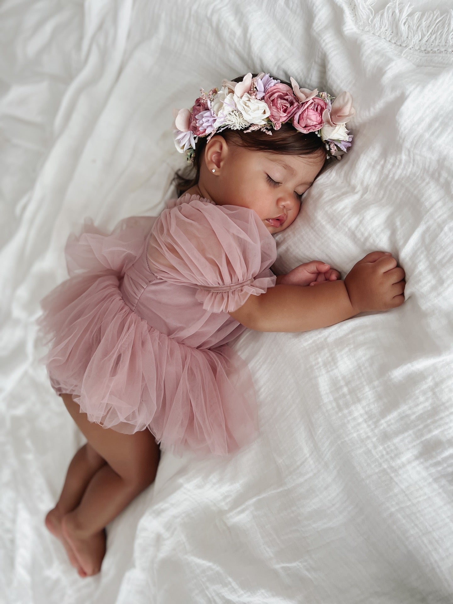 Baby Girl romper dress tulle skirt see through puff sleeves dusty rose