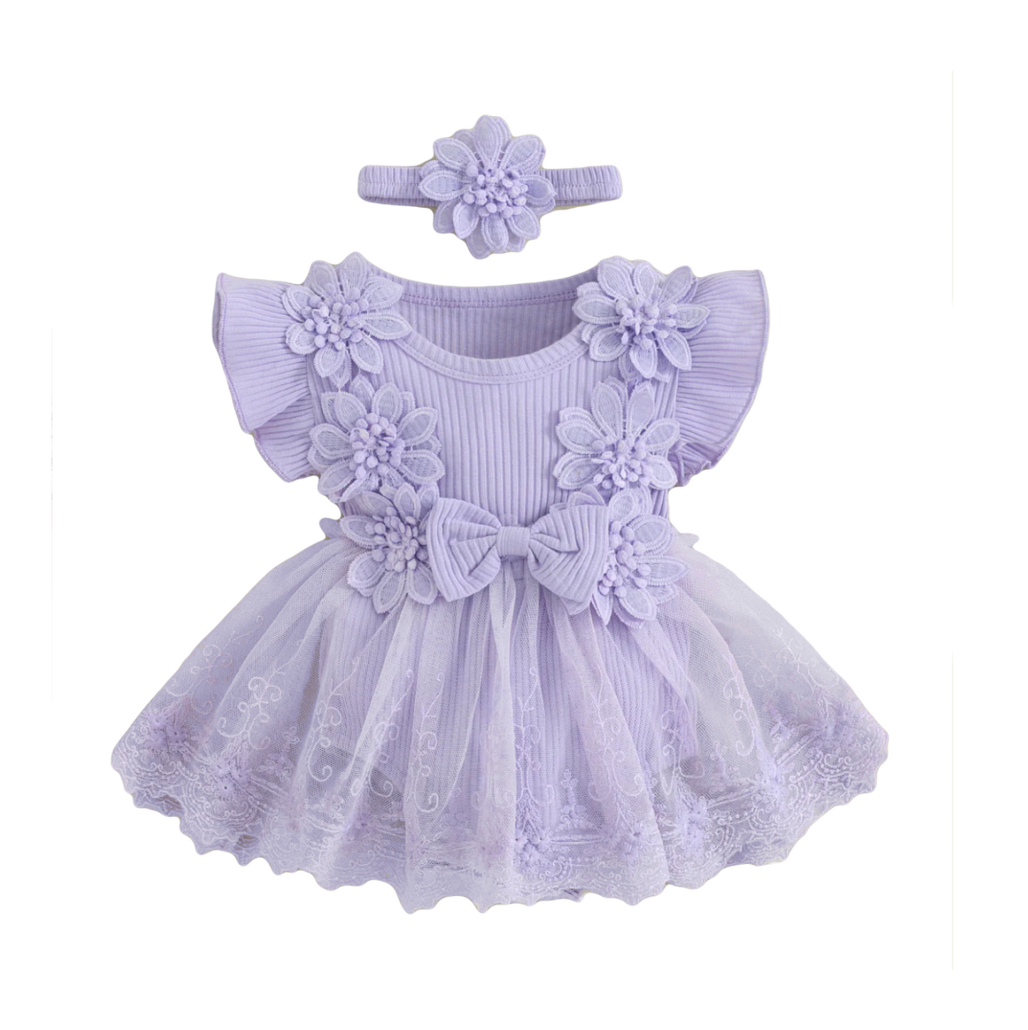 Baby Girl Lace Romper Dress flower and bow Boho + headband 4 color