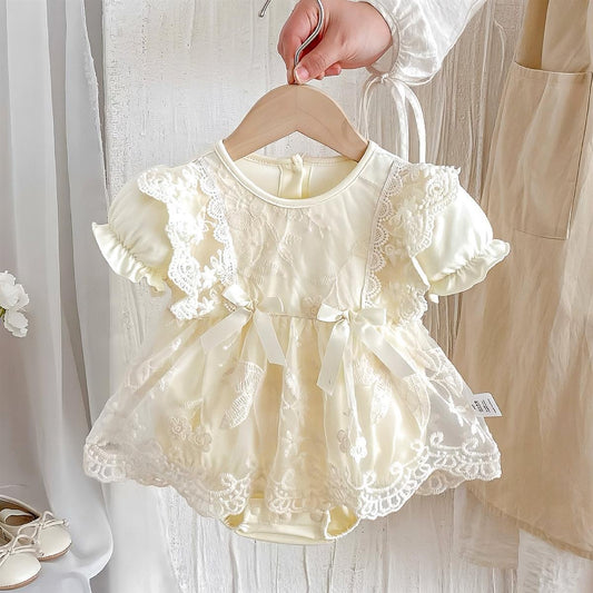 Short ruffle sleevelave  romper dress 2 ribbon bows beige