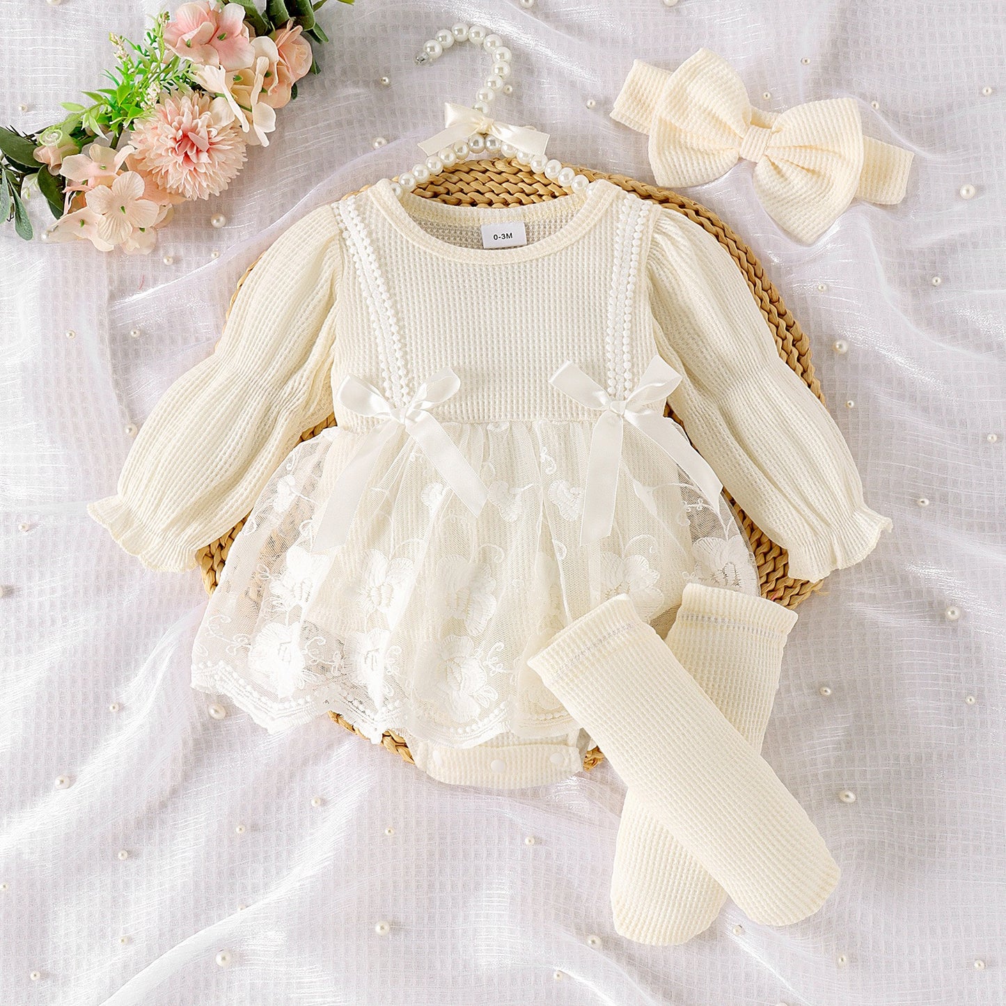 Set of 3 pcs Baby Long Sleeve romper dress + socks + headband
