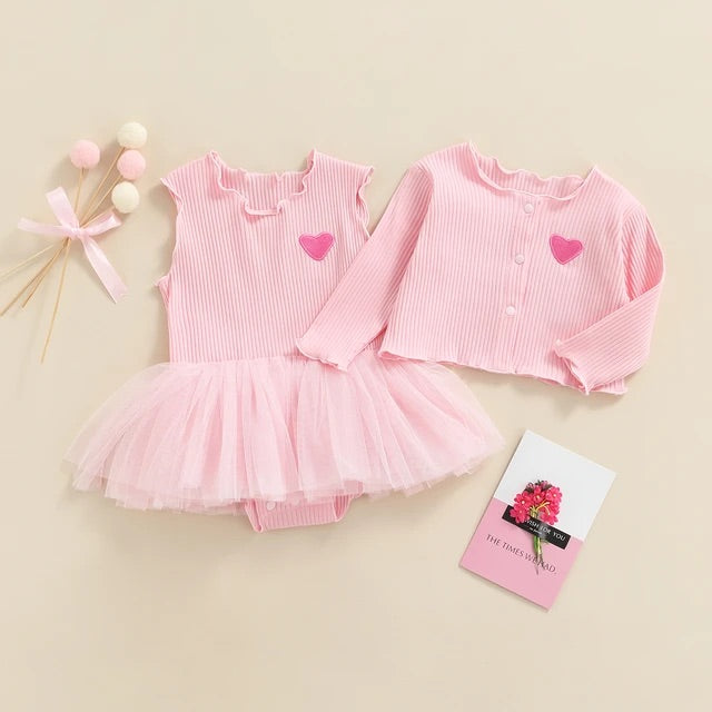 2 piece set 100% cotton knitted long sleeve  baby embroidered heart cardigan+tulle dress 3 colors