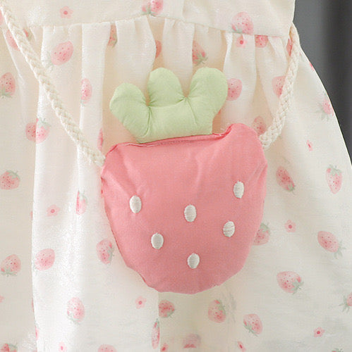 Girls cotton dress with tulle sleeves + strawberry bag