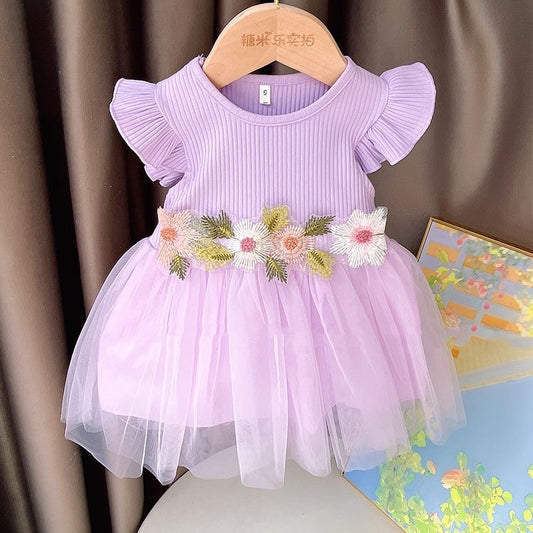 Flying sleeve girl dress with flowers 3 color