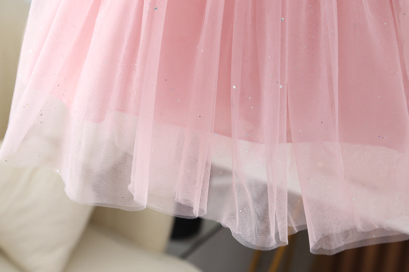 Girl Puff sleeve dress with 2 bow knots Pink