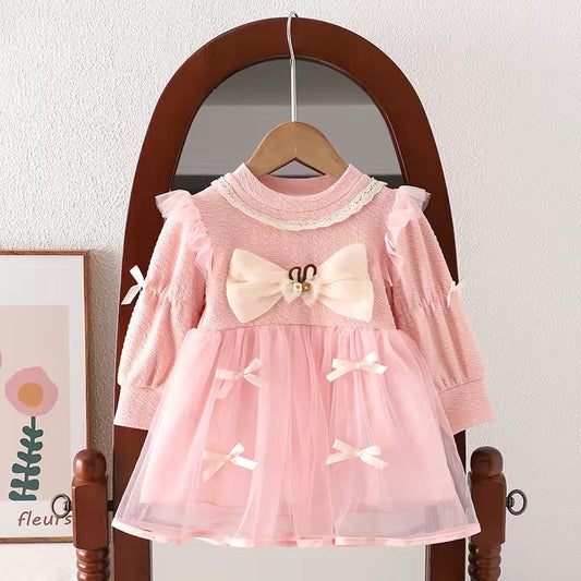 Girl cotton dress with mesh skirt bow knot pink