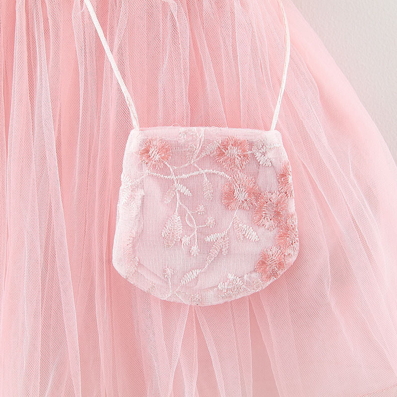 Flying sleeve girl dress with tulle skirt and bag