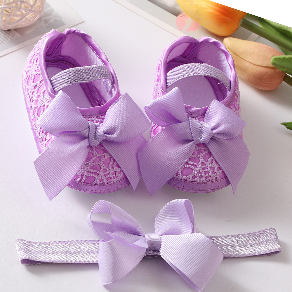 Baby pre-walker shoes with bow knot + headband set purple