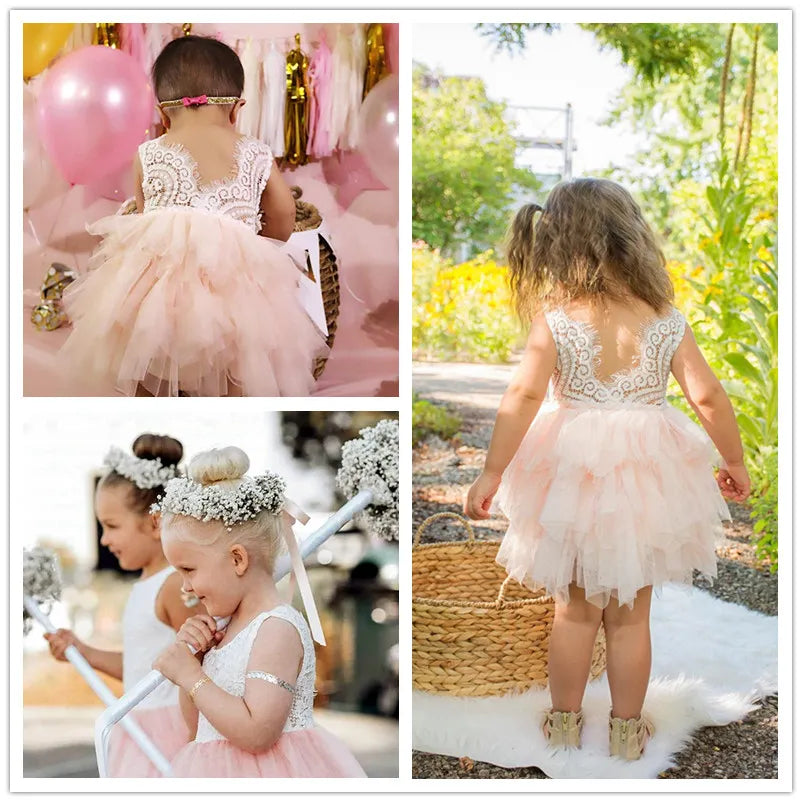 Kids sleeveless princess dress tutu skirt hollow lace sleeve