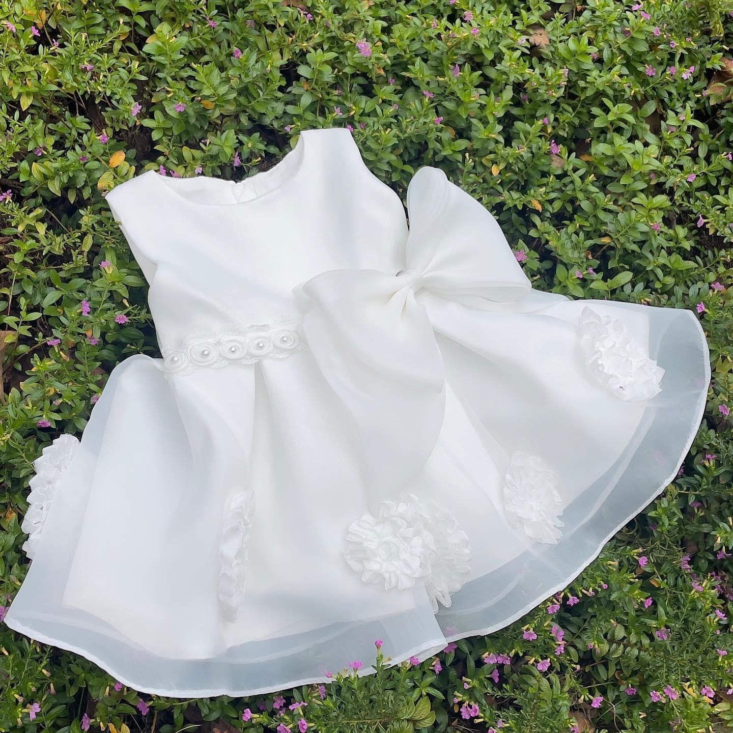 Elegant Baby dress with flowers and big bow knot White