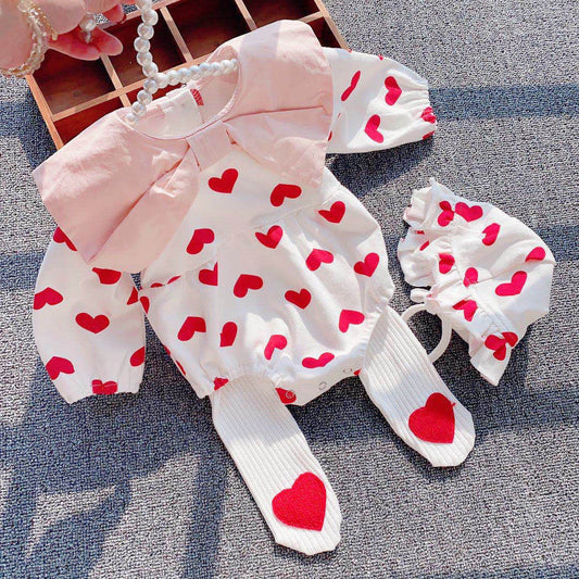 3 piece set red heart long sleeve baby romper + hat + tights