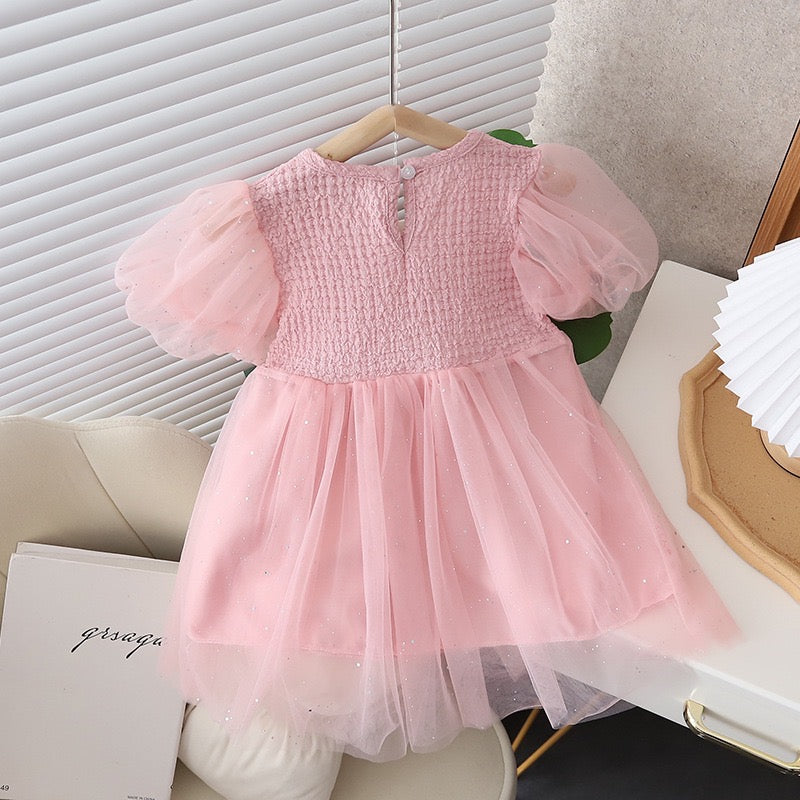 Girl Puff sleeve dress with 2 bow knots Pink