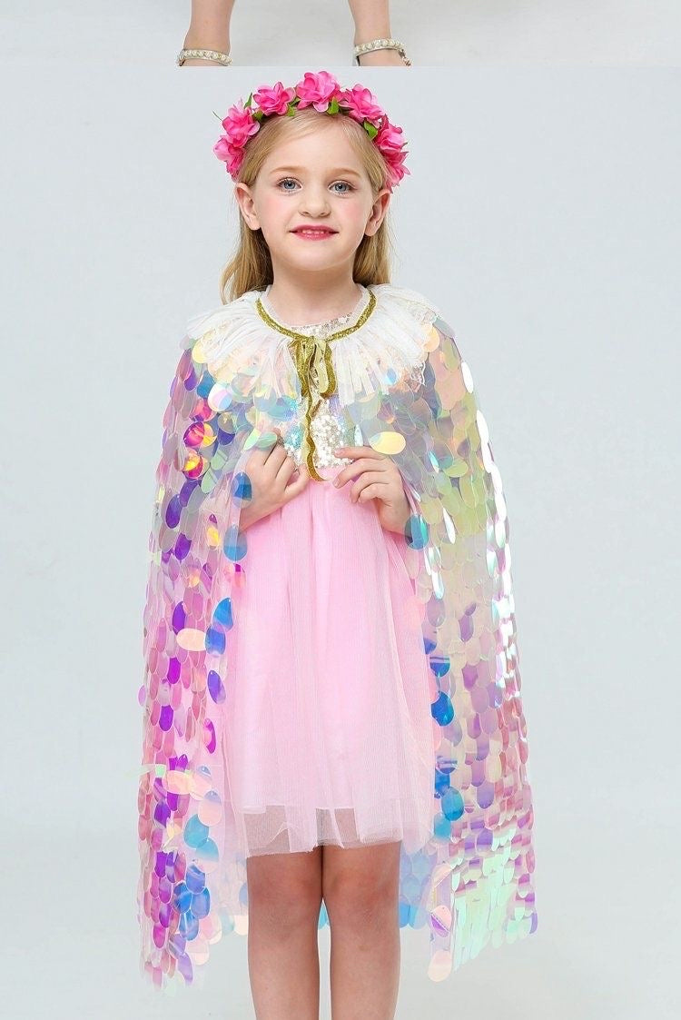 2 piece set Girls mermaid Cape Cloak Shiny Glitter Party Prop Kids Fancy cape + headband