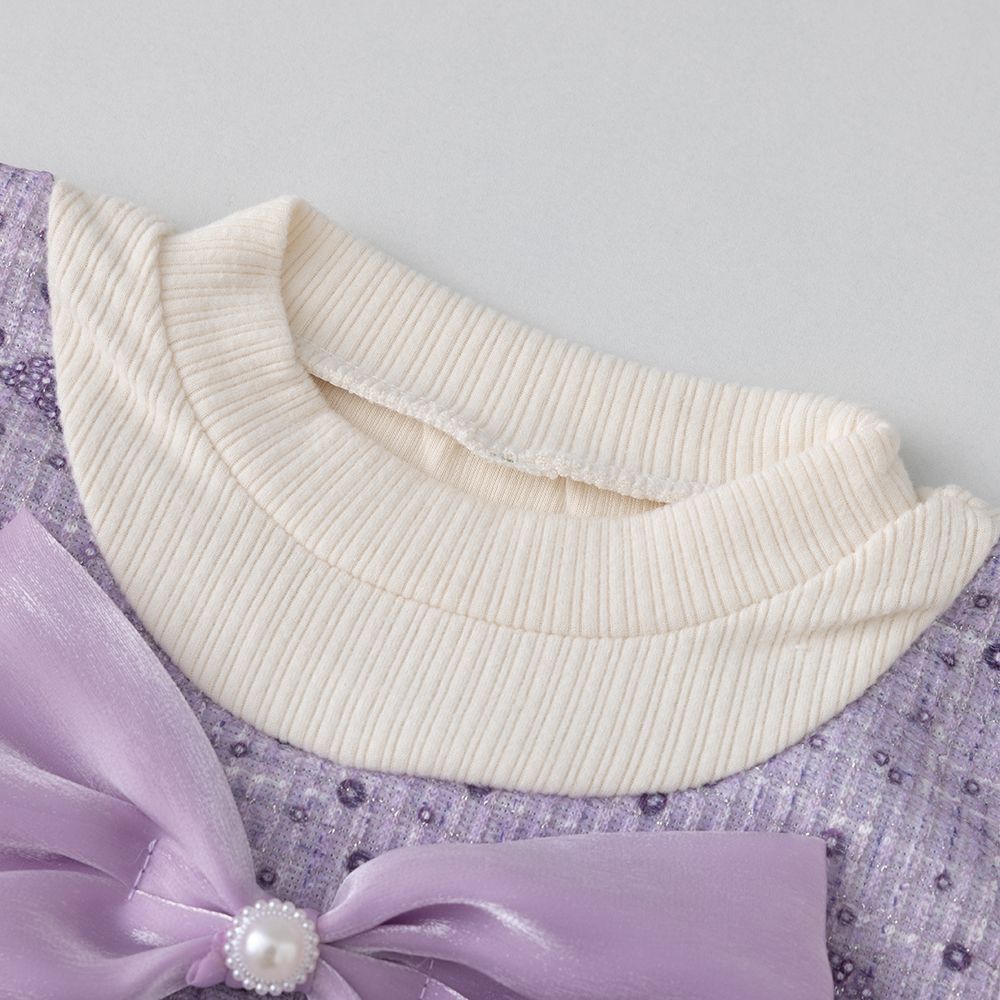 Long sleeve dress with multi-layered tulle skirt hem and big bow at chest 2 color