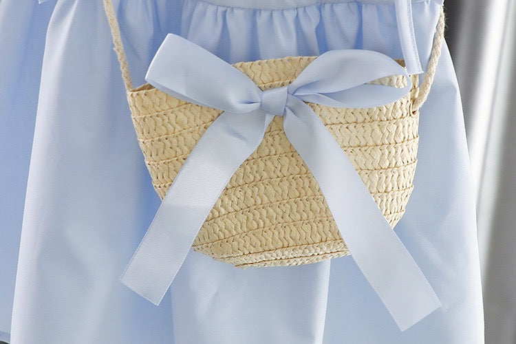 Sweet girl cotton dress with straw bag blue color