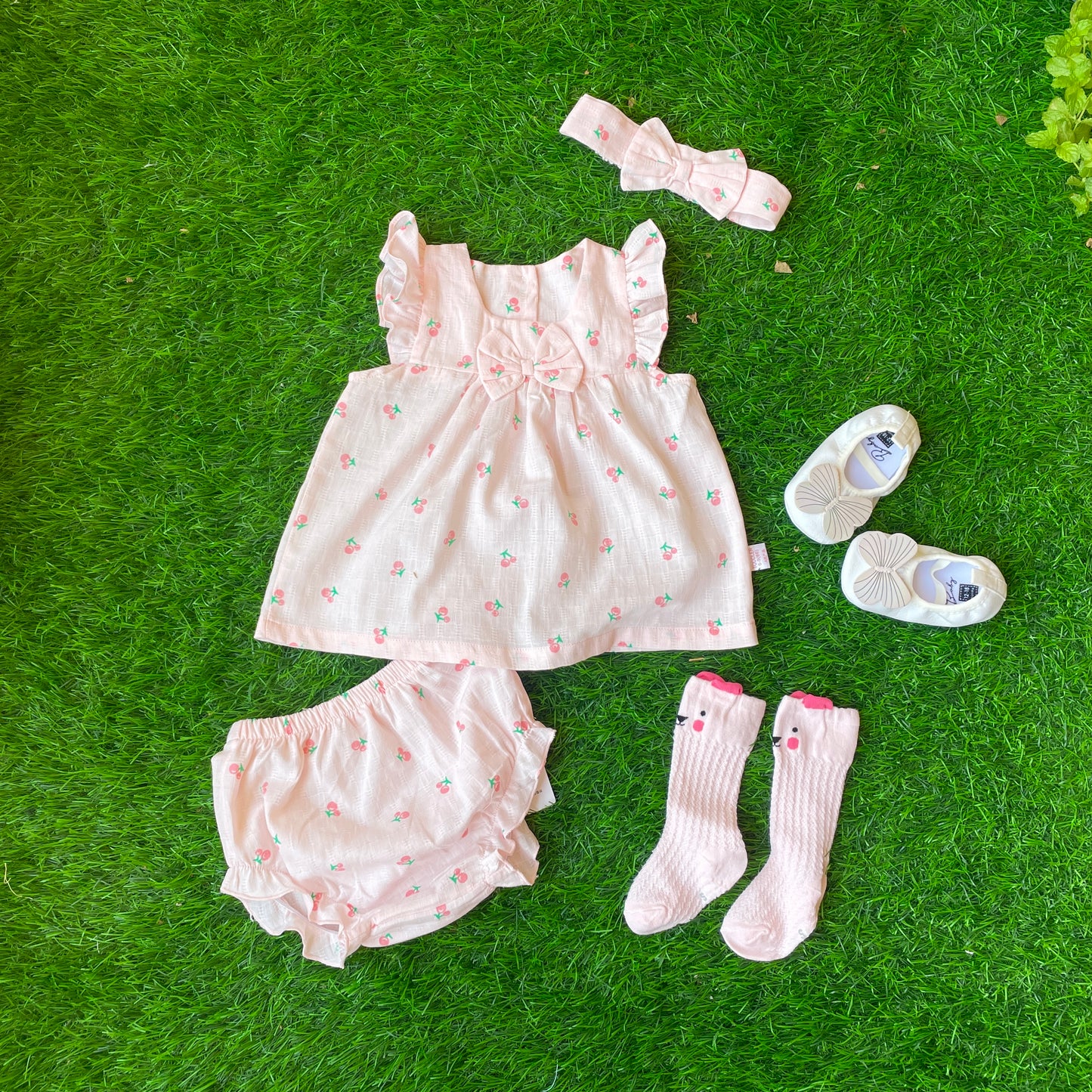 4 pieces Baby cotton dress printed cherry +short pants+headband + socks