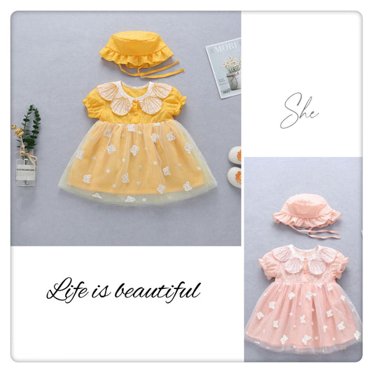 طقم فستان أطفال مكون من قطعتين مع ياقة على شكل بتلة وفراشة مطرزة وقبعة