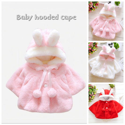 Baby fur long sleeve cape jacket hooded rabbit ears 3 color