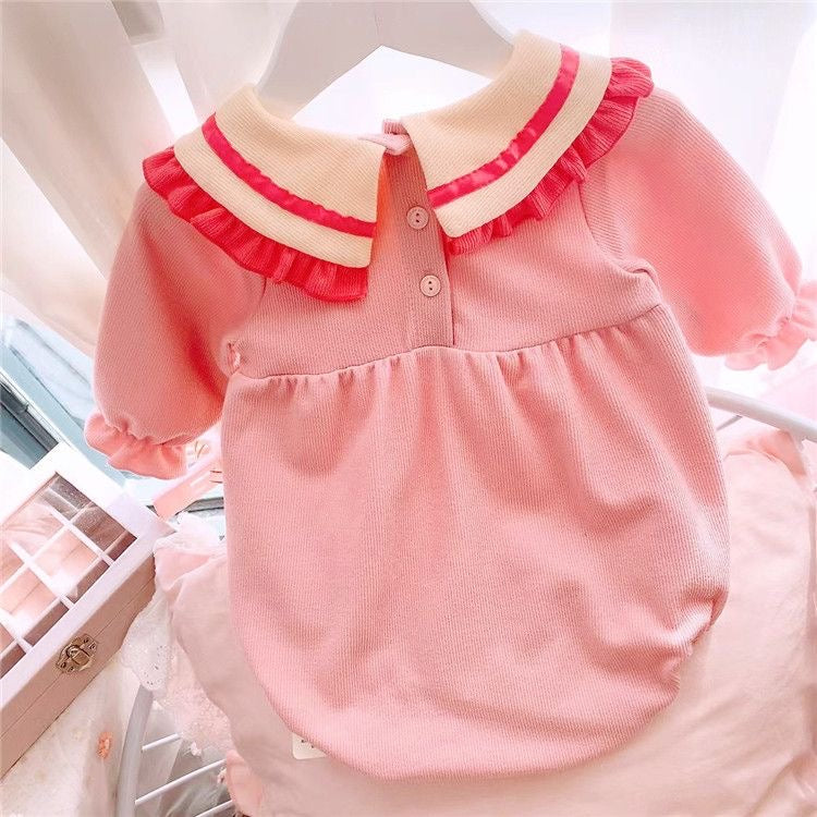 Long sleeve romper with pink buttons+ headband