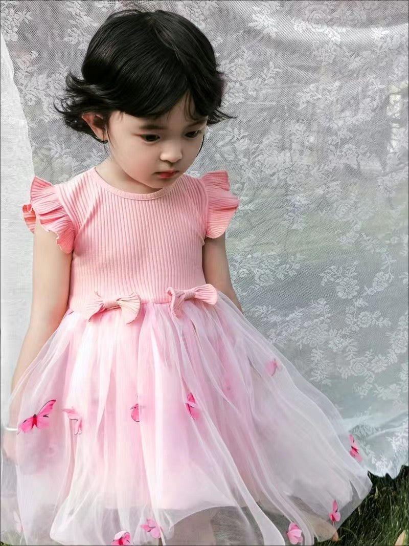 Flying sleeve girl dress with 3D butterfly and bow knot