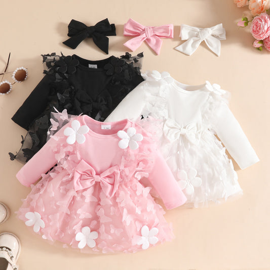 Set of 2pcs Long sleeve dress with butterflies and flowers + headband 2 color