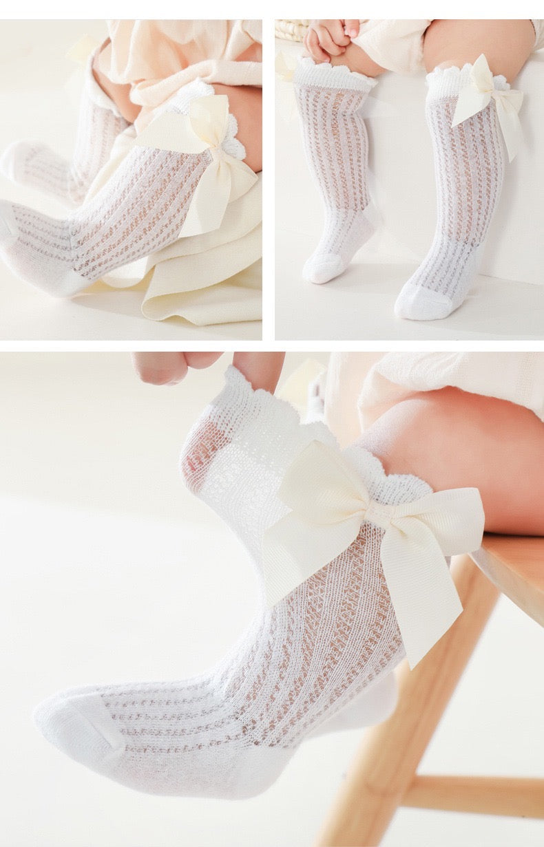 Bow knot Mesh Knitted Socks, Cotton Blend Comfy Breathable Soft Crew Socks