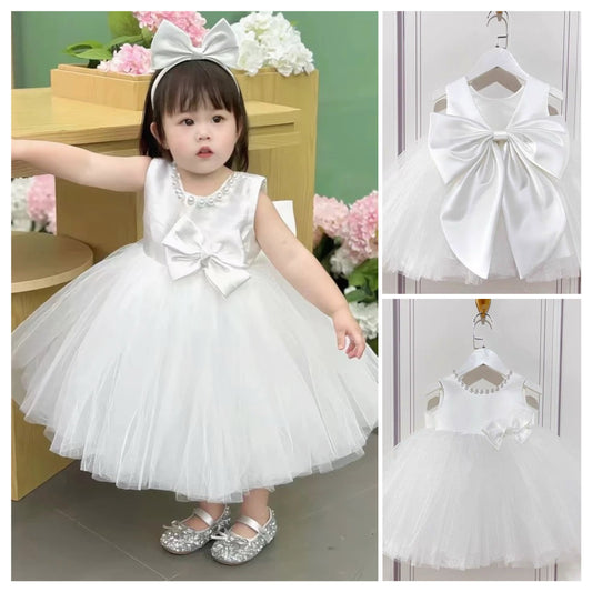 Puffy tulle dress pearls design charming ball gown for girls with removable big bow at back white