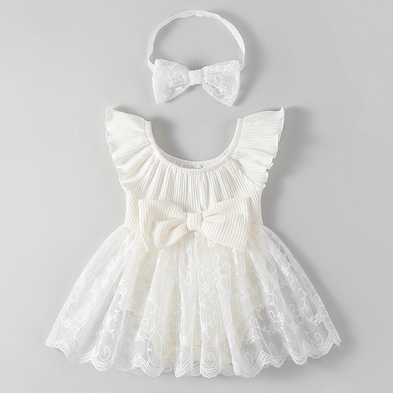 Baby Girl Lace Romper Dress with bow 100% cotton+ headband