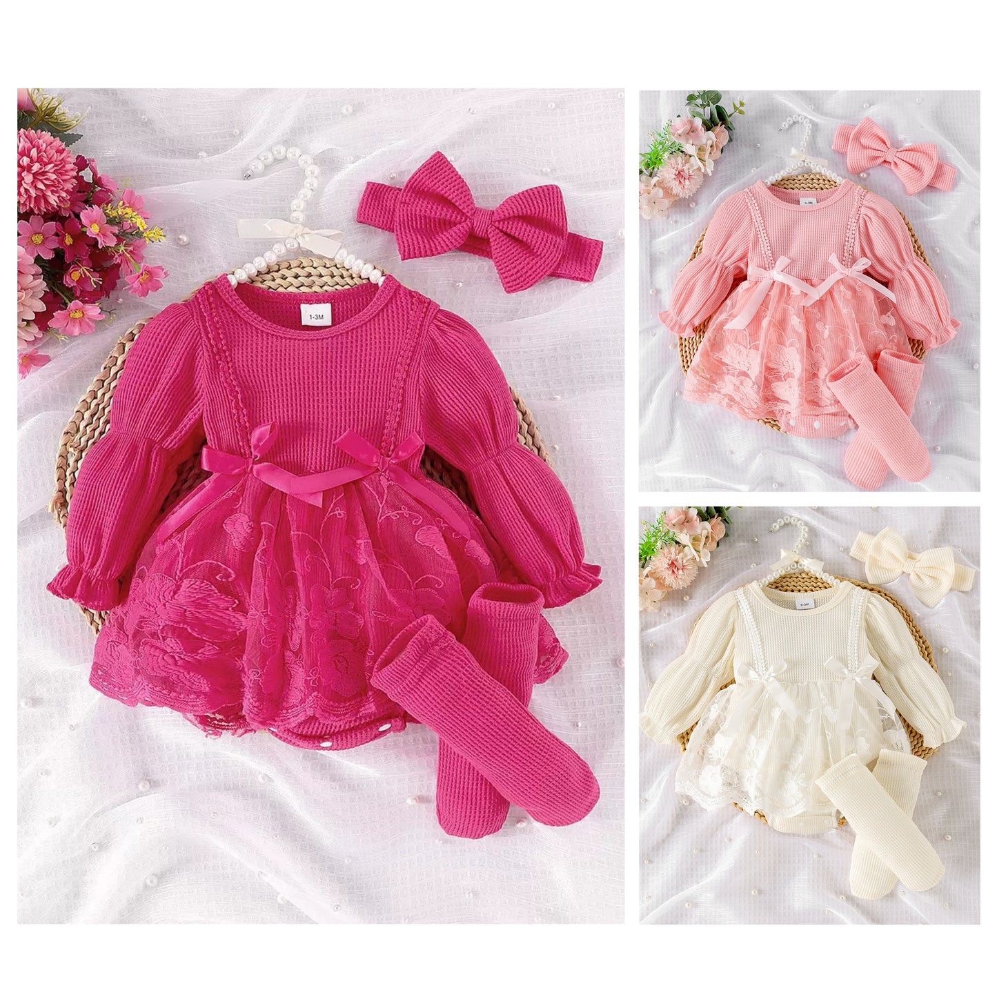 Set of 3 pcs Baby Long Sleeve romper dress + socks + headband