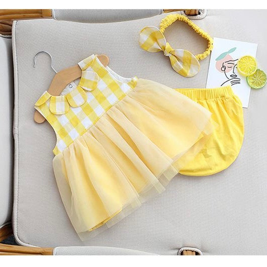 3 pieces Baby 100% cotton dress + short pants+headband