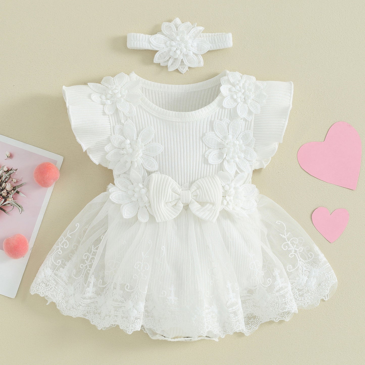 Baby Girl Lace Romper Dress flower and bow Boho + headband 4 color