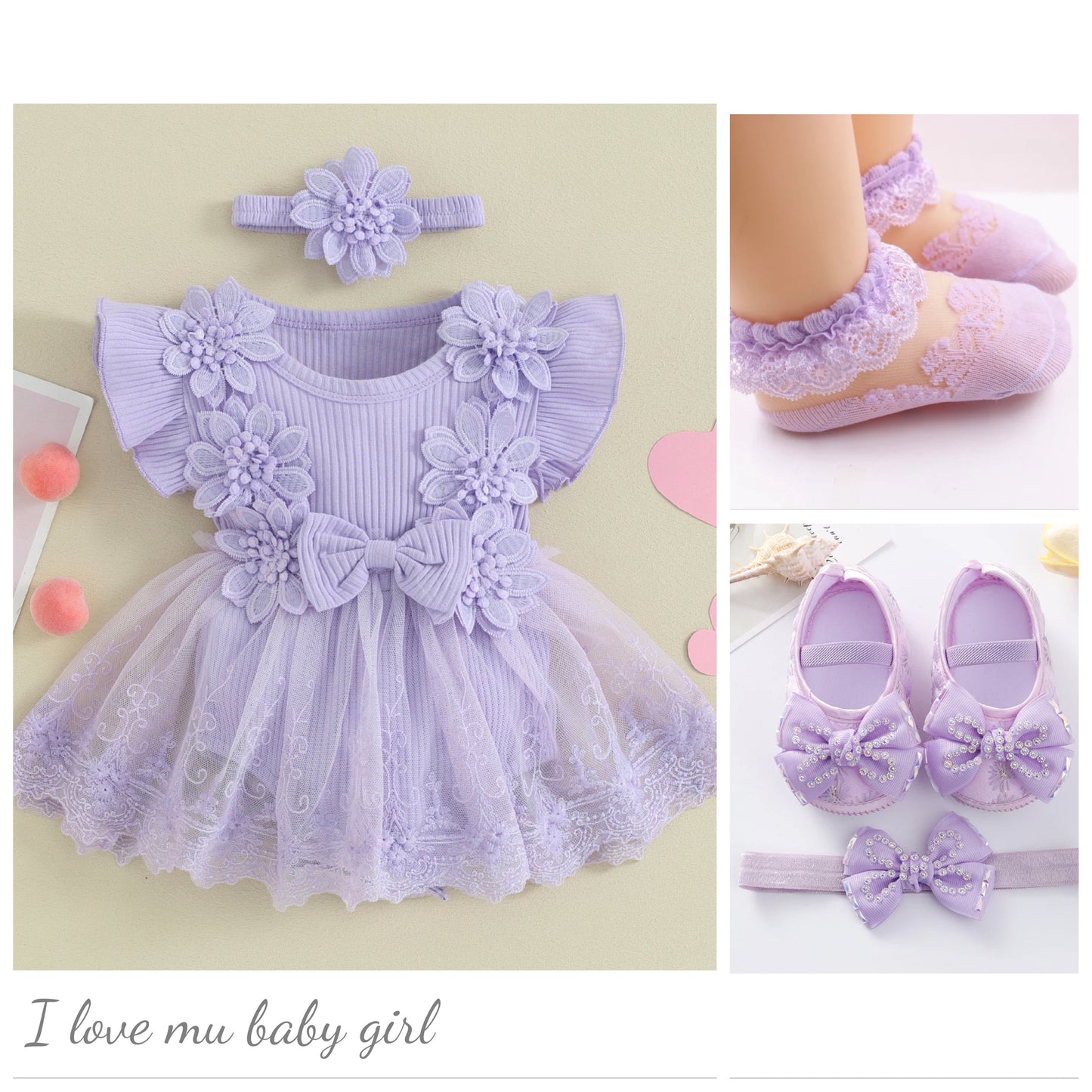 Baby Girl Lace Romper Dress flower and bow Boho + headband 4 color