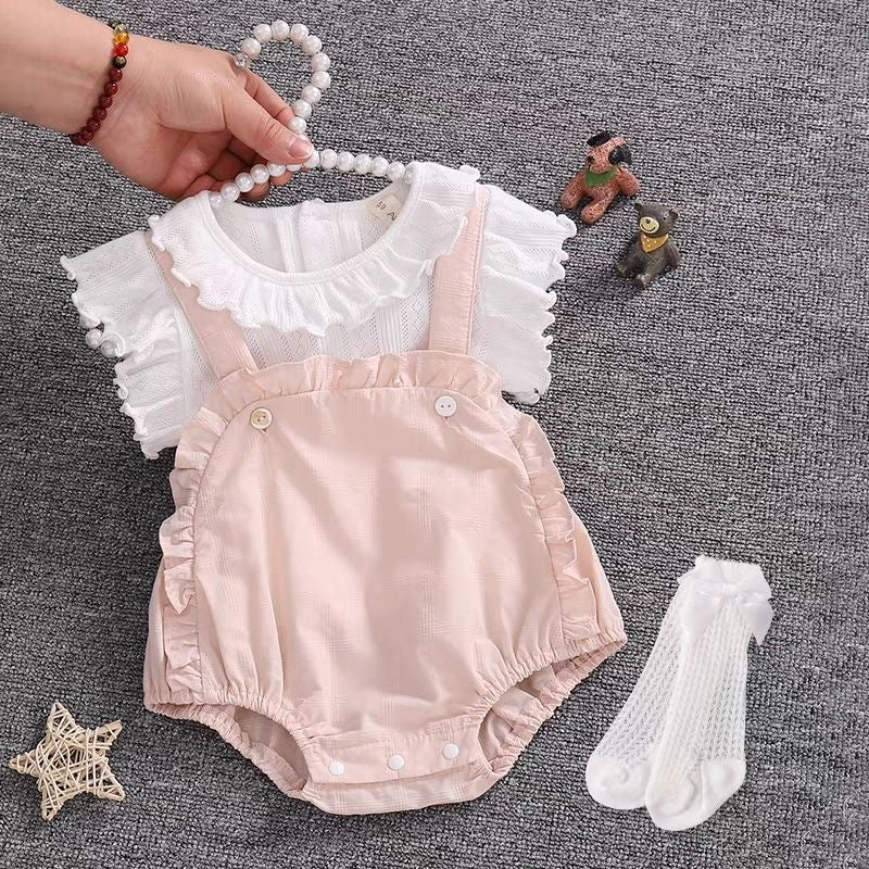 3 pieces romper + ruffle trim Tee+socks