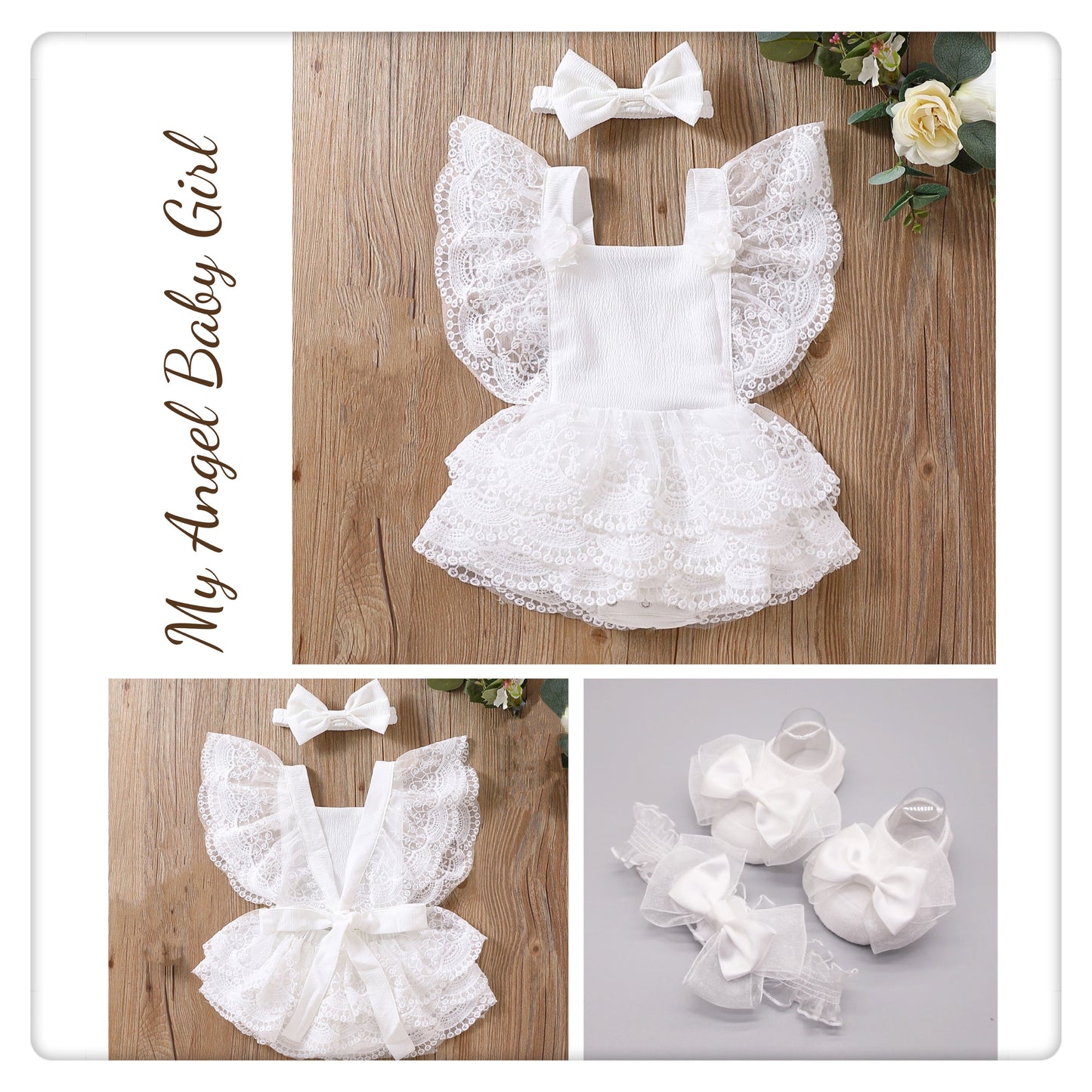 Baby Girl Lace Romper Dress Backless Boho bow tie + headband white