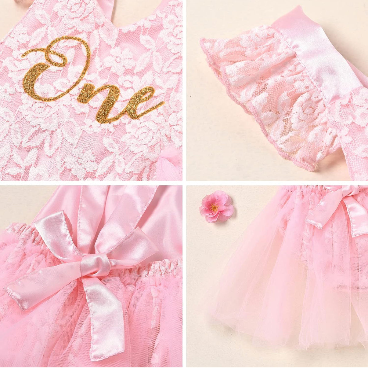 For 1st birthday Baby backless lace romper dress with number “one”pink color