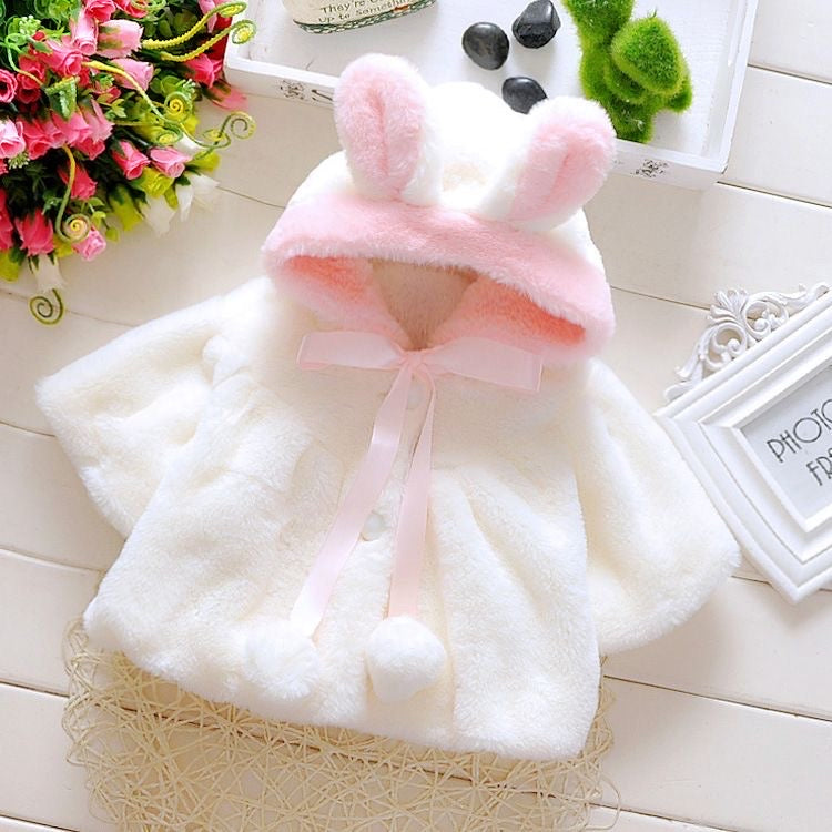 Baby fur long sleeve cape jacket hooded rabbit ears 3 color