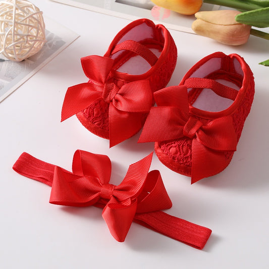 Baby pre-walker shoes with bow knot + headband set red