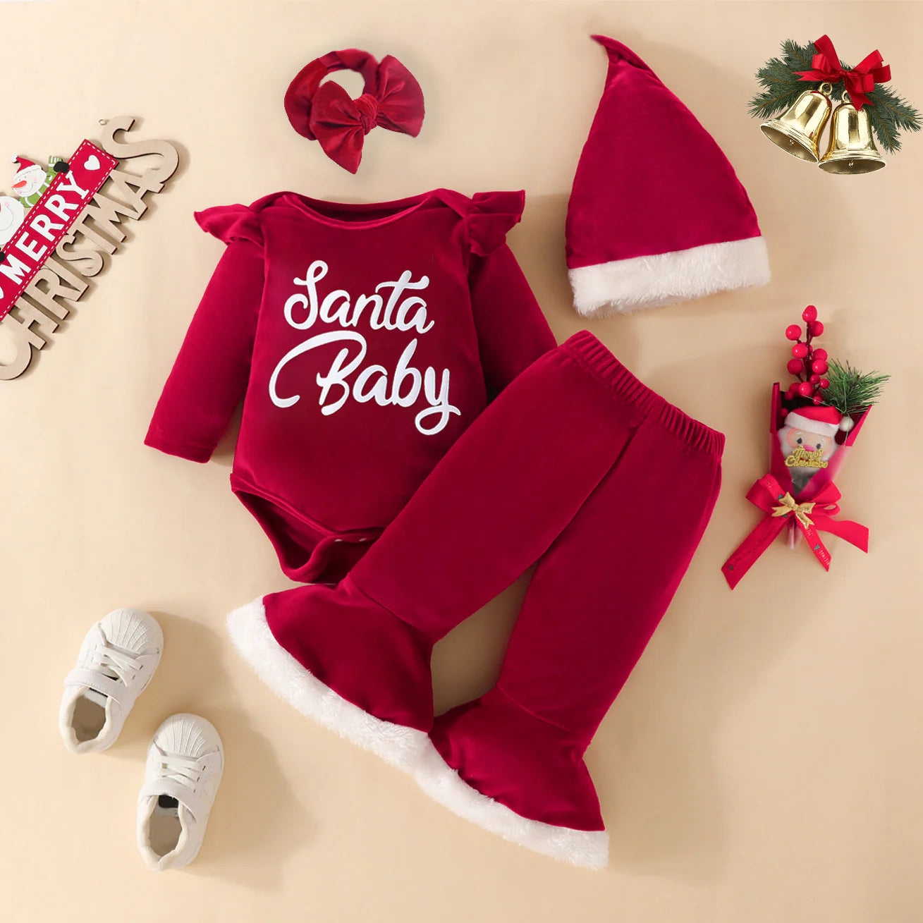 4 pcs set Baby Christmas happy new year Letter Print Plush Long Sleeve romper + pants+headband+hat