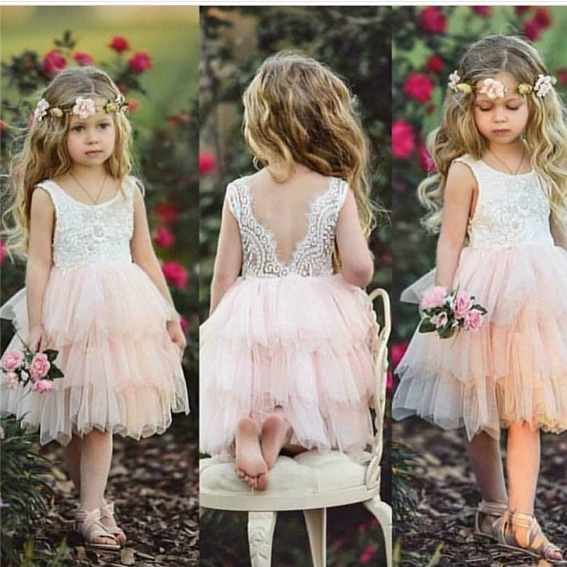 Kids sleeveless princess dress tutu skirt hollow lace sleeve